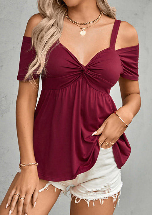 Blouses Twist Ruffled Cold Shoulder Blouse - Burgundy in Red. Size: L,M,S,XL