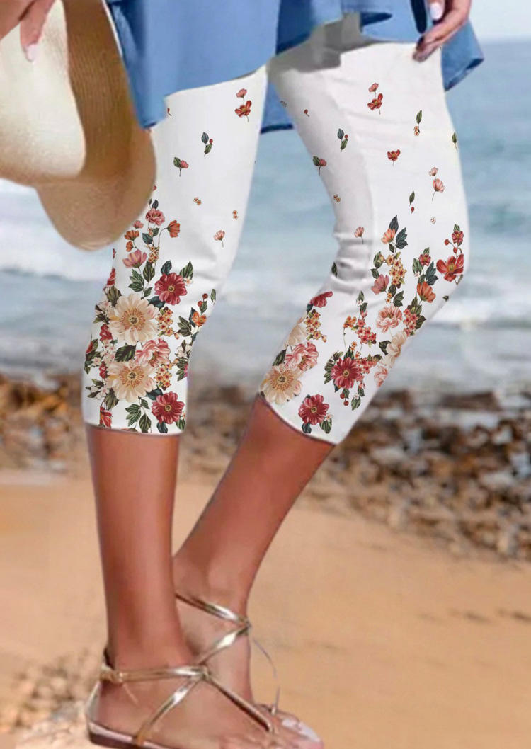 Floral Elastic Waist Casual Pants - White