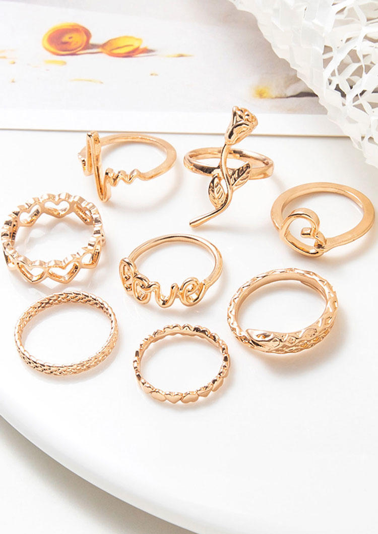 

Rings 8Pcs Floral Heart Hollow Out Ring Set in Gold. Size