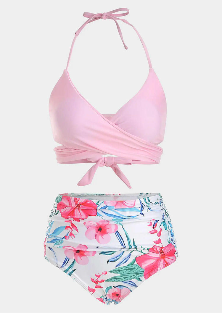 

Bikini Sets Floral Criss-Cross Tie Halter Bikini Set in Pink. Size