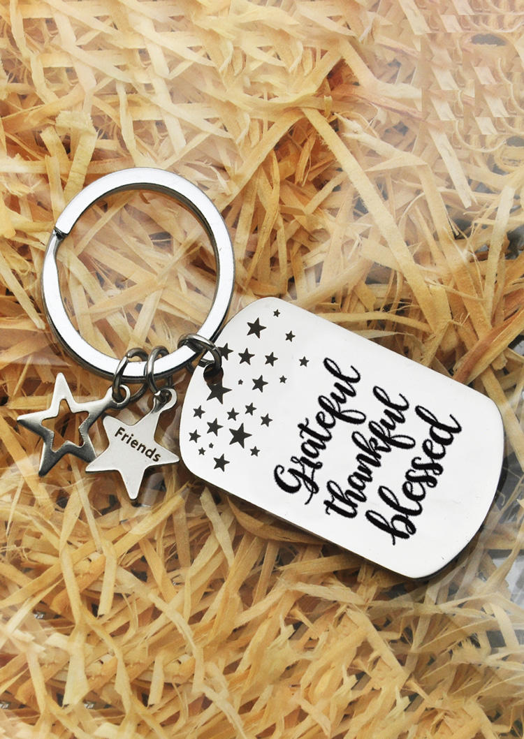 

Keychains Grateful Thankful Blessed Star Hollow Out Keychain in Silver. Size