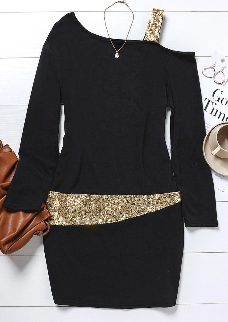 

Bodycon Dresses Glitter One Sided Cold Shoulder Bodycon Dress in Black. Size