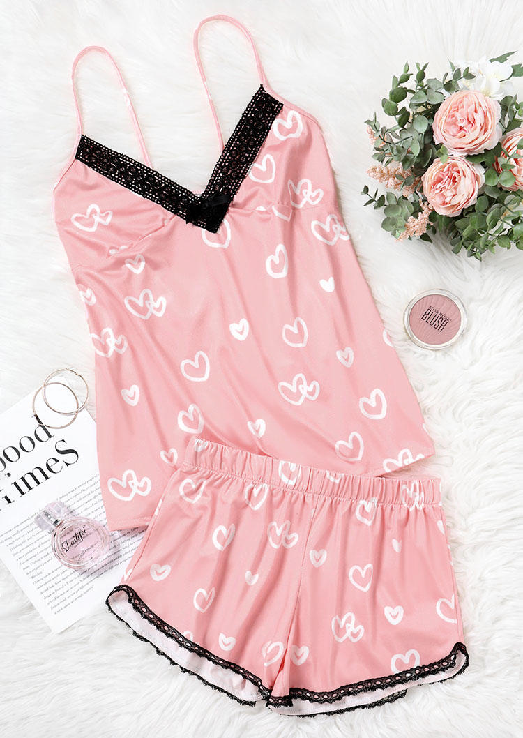 Sleepwear Valentine Love Heart Lace Camisole And Shorts Pajamas Set in Pink. Size: L,M,S,XL