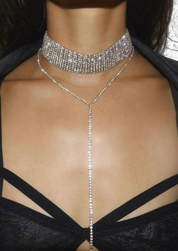 

Necklaces Double-Layered Rhinestone Choker Necklace in Silver. Size