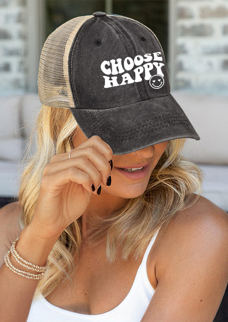 Hats Choose Happy Mesh Splicing Baseball Cap in Black. Size