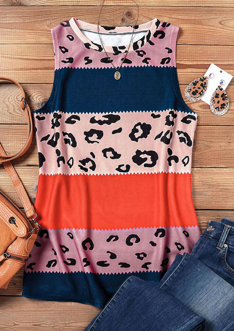 

Tank Tops Leopard Color Block O-Neck Tank Top in Multicolor. Size