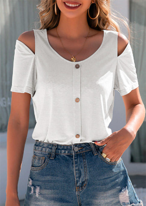 

Blouses Button Cold Shoulder Blouse in White. Size: L,M,,XL