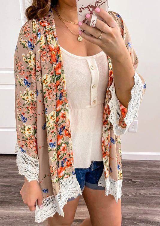 Ditsy Floral Lace Splicing Open Front Cardigan