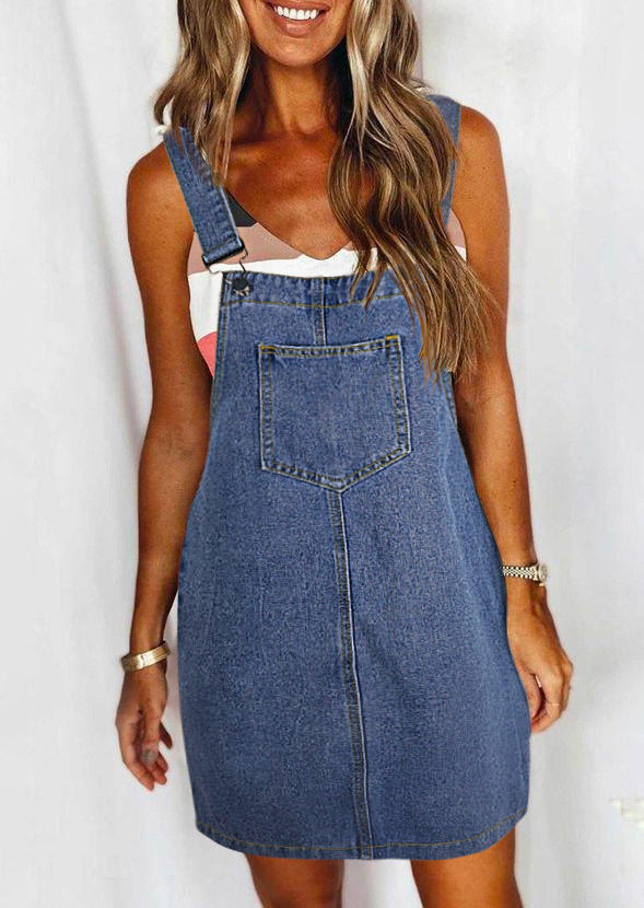 Pocket Casual Denim Overall Mini Dress - Blue