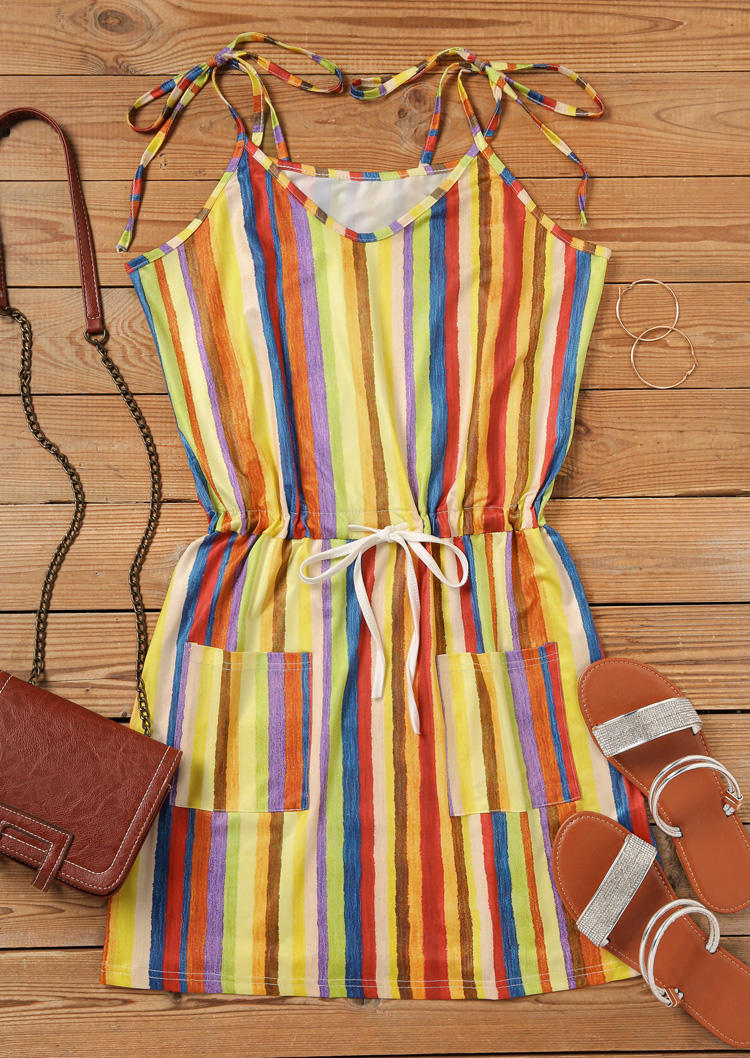 

Mini Dresses Vertical Striped Pocket Tie Mini Dress in Multicolor. Size: M,,XL