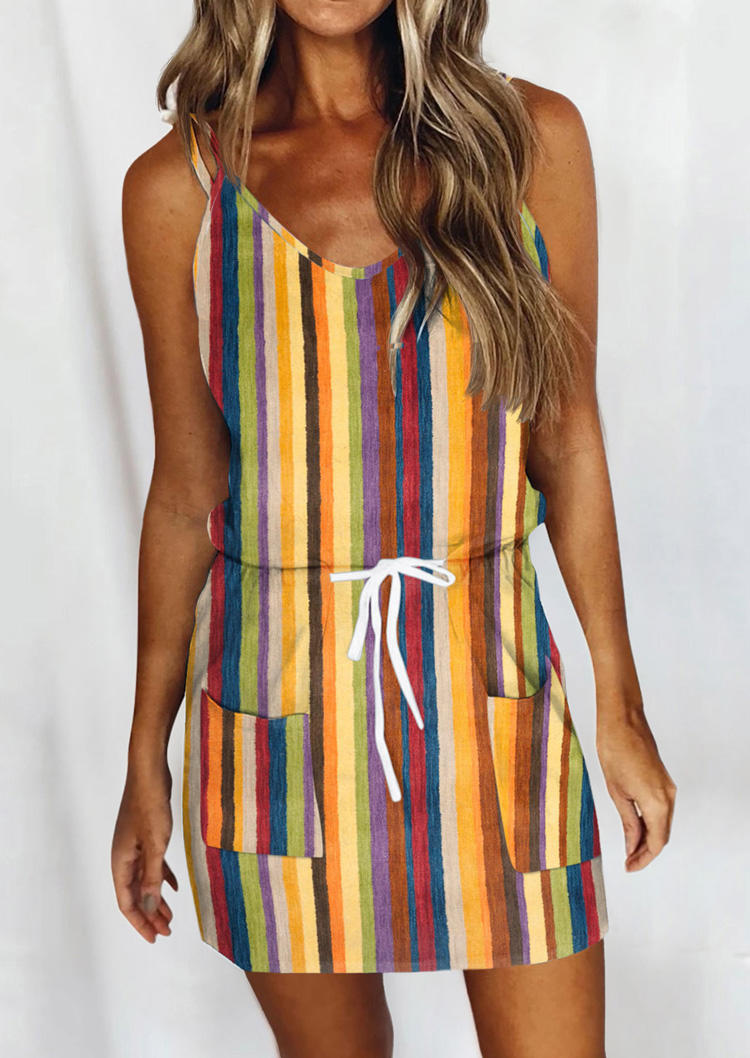 Vertical Striped Pocket Tie Mini Dress