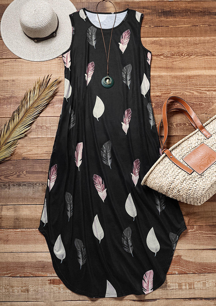 

Maxi Dresses Feather Sleeveless O-Neck Maxi Dress in Black. Size