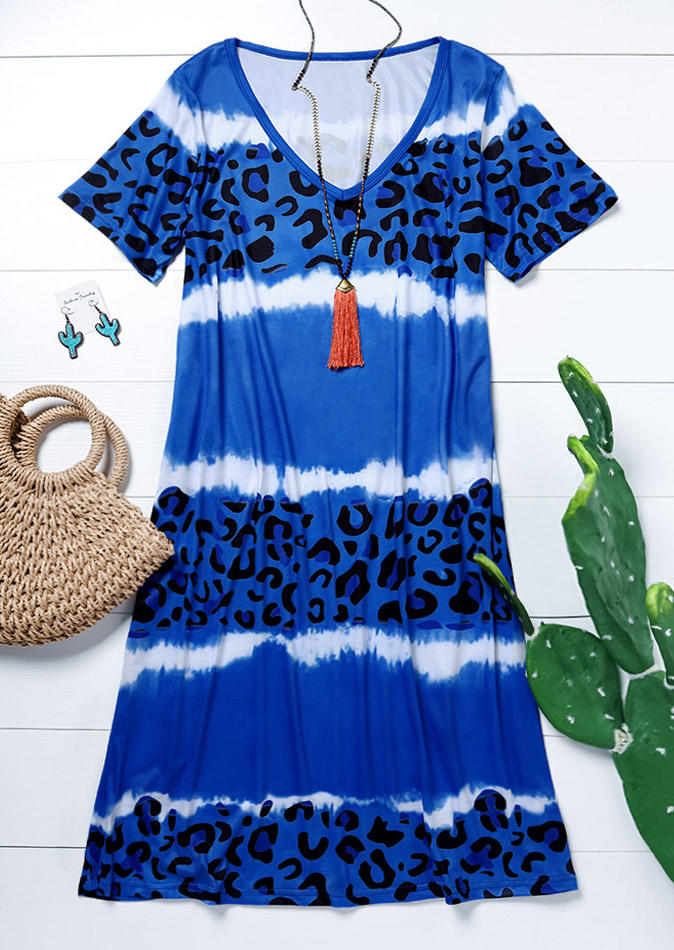 

Mini Dresses Leopard Tie Dye Short Sleeve V-Neck Mini Dress in Blue. Size