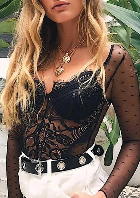 

Bodysuits Lace Splicing Snap Button Bodysuits in Black. Size