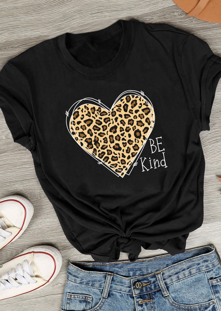 Be Kind Leopard Heart O-Neck T-Shirt Tee - Black
