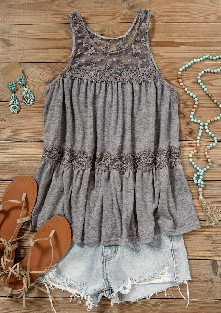 

Tank Tops Lace Splicing Ruffled O-Neck Tank Top in Gray. Size