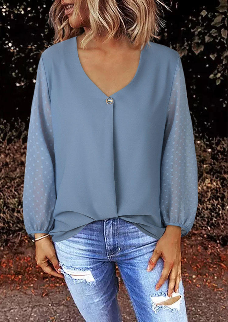 Blouses Polka Dot V-Neck Long Sleeve Blouse in Blue. Size: L,M,S,XL