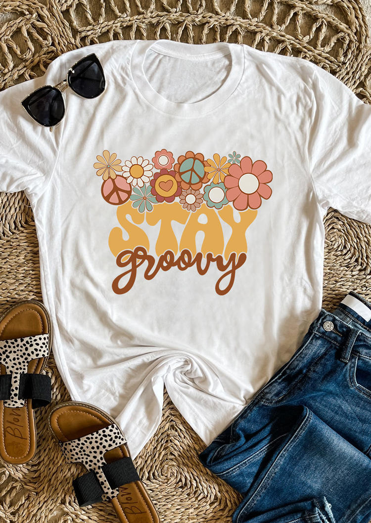 

T-shirts Tees Stay Groovy Floral O-Neck T-Shirt Tee in White. Size