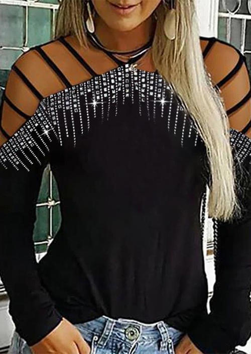 Blouses Rhinestone Hollow Out Cold Shoulder Blouse in Black. Size: L,M,XL