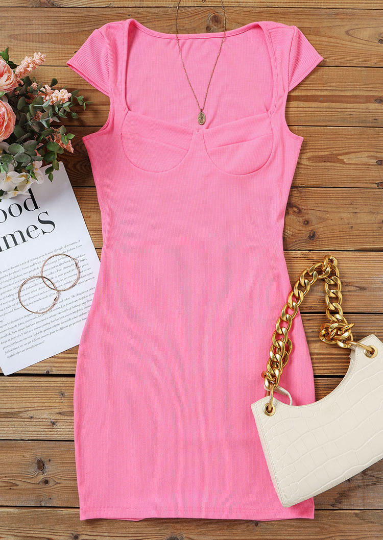 

Bodycon Dresses Cap Sleeve Square Collar Bodycon Dress in Pink. Size