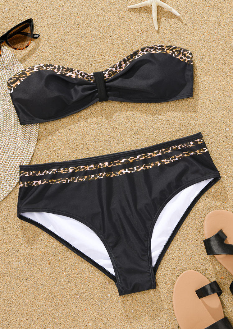 

Bikini Sets Leopard Ruched Strapless Bandeau Bikini Set in Black. Size: M