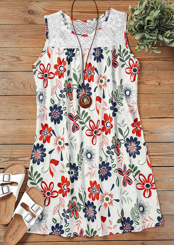 Floral Lace Splicing Sleeveless Mini Dress - White