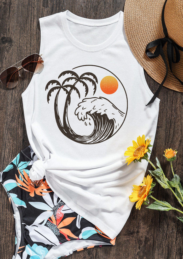 

Tank Tops Wave Sunset Coconut Tree Tank Top in White. Size: ,XL