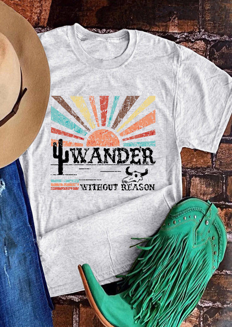 Wander Without Reason Cactus O-Neck T-Shirt Tee - Light Grey