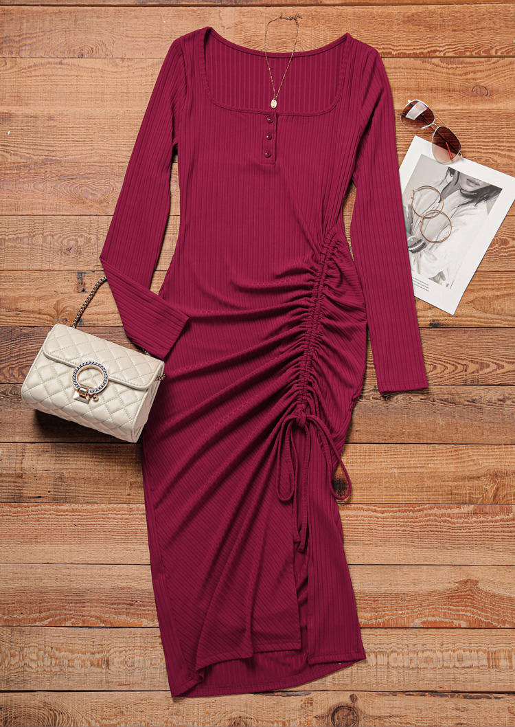 

Bodycon Dresses Button Drawstring Slit Bodycon Dress - Burgundy in Red. Size