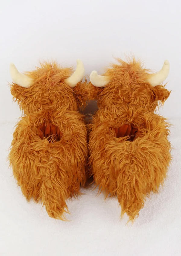 Highland Cattle Fluffy Flat Slippers - Brown