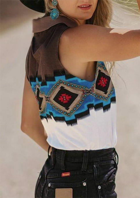 

Tank Tops Aztec Geometric Turn-Down Collar Tank Top in Multicolor. Size: L,M,,XL