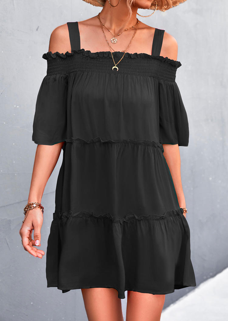 

Mini Dresses Ruffled Smocked Off Shoulder Mini Dress in Black. Size