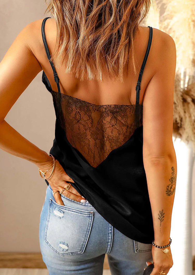 Tank Tops Lace Splicing Open Back V-Neck Camisole in Black. Size: L,M,S,XL