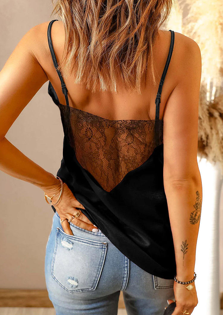 

Tank Tops Lace Splicing Open Back V-Neck Camisole in Black. Size