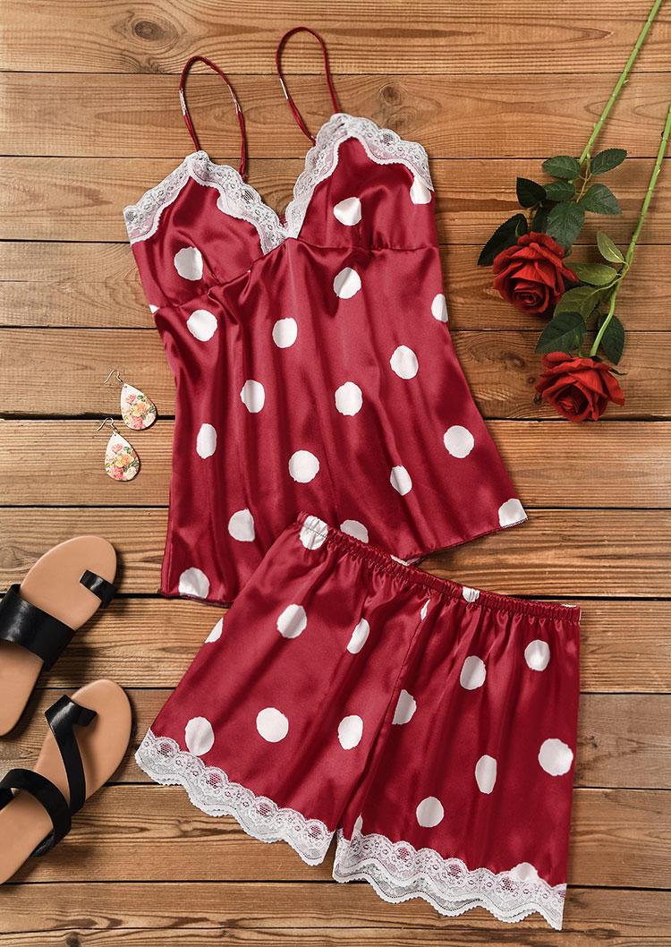 

Sleepwear Polka Dot Lace Camisole And Shorts Pajamas Set in Red. Size