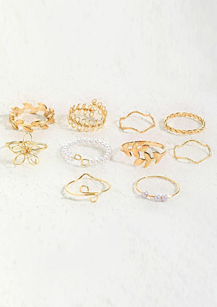 

Rings 10Pcs Floral Leaf Beading Hollow Out Ring Set in Gold. Size