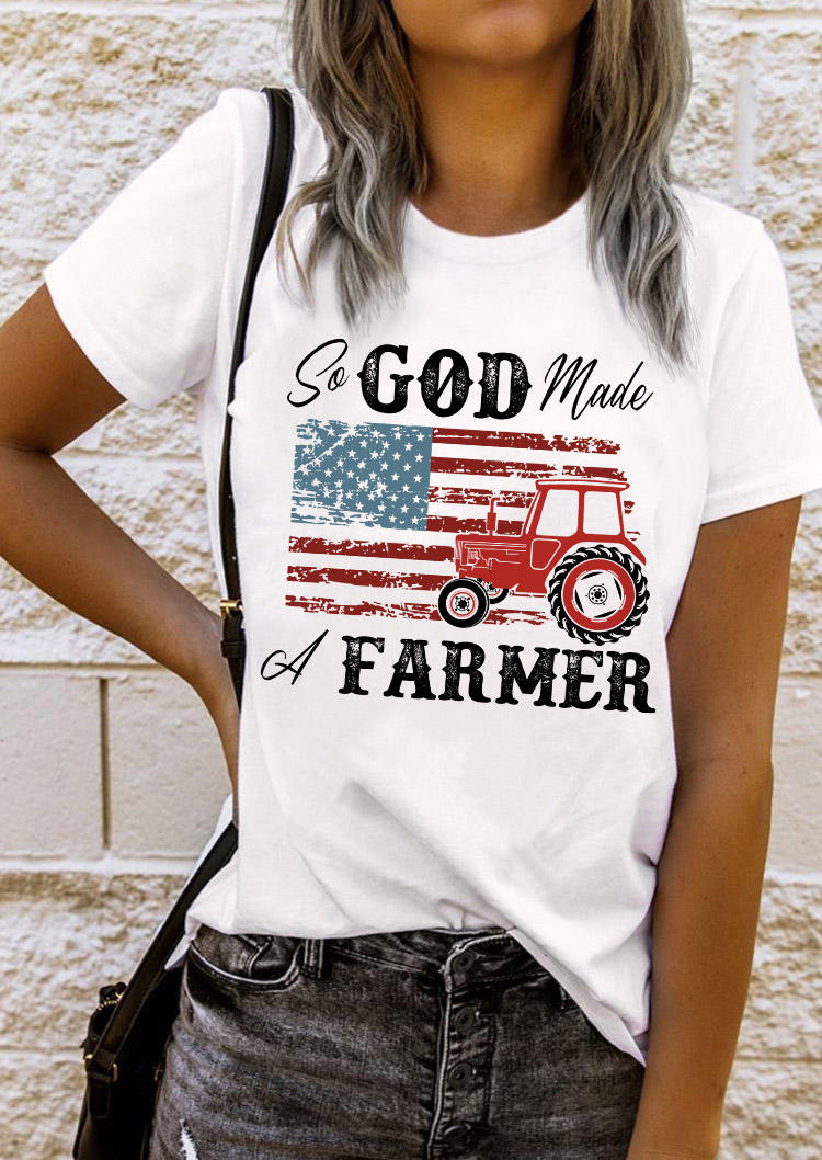 So God Made A Farmer American Flag T-Shirt Tee - White