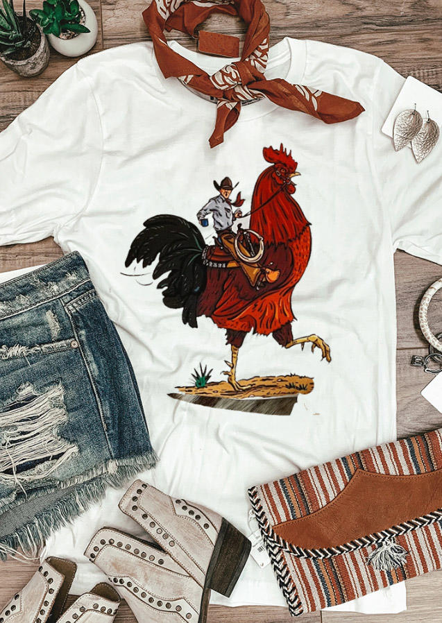 

T-shirts Tees Cody Cowboy Rooster T-Shirt Tee in White. Size: L,M,,XL