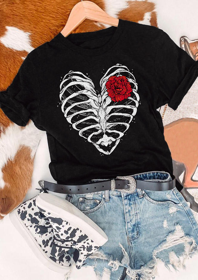 T-shirts Tees Floral Heart Skeleton O-Neck T-Shirt Tee in Black. Size: L,M,S,XL
