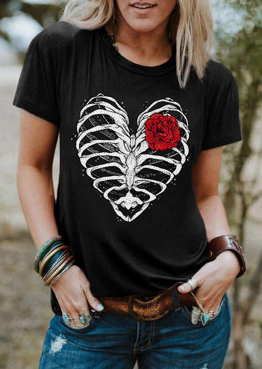 Floral Heart Skeleton O-Neck T-Shirt Tee - Black