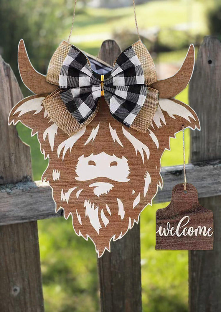 

Welcome Steer Skull Plaid Hanging Ornament in Brown. Size