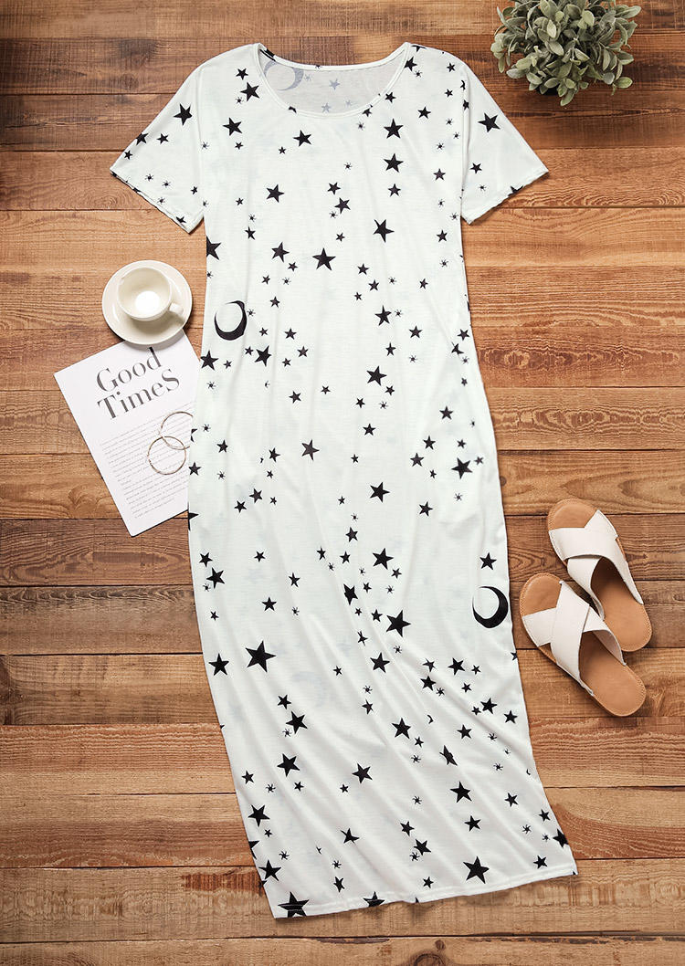 Star Moon Pocket Loose Maxi Dress - White