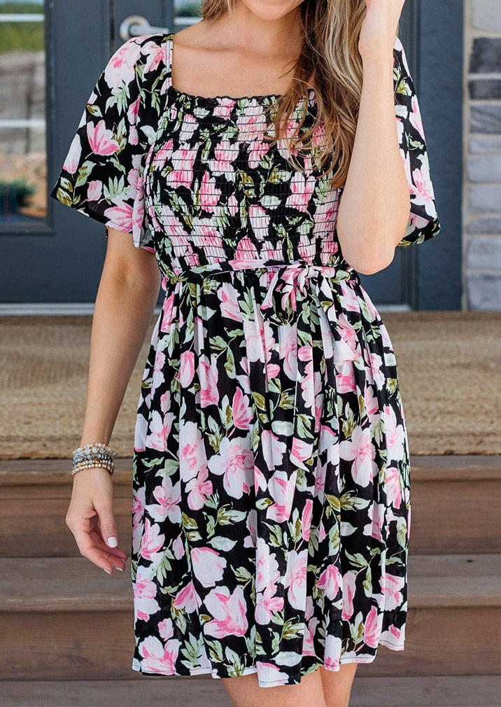 Floral Smocked Open Back Mini Dress with Belt