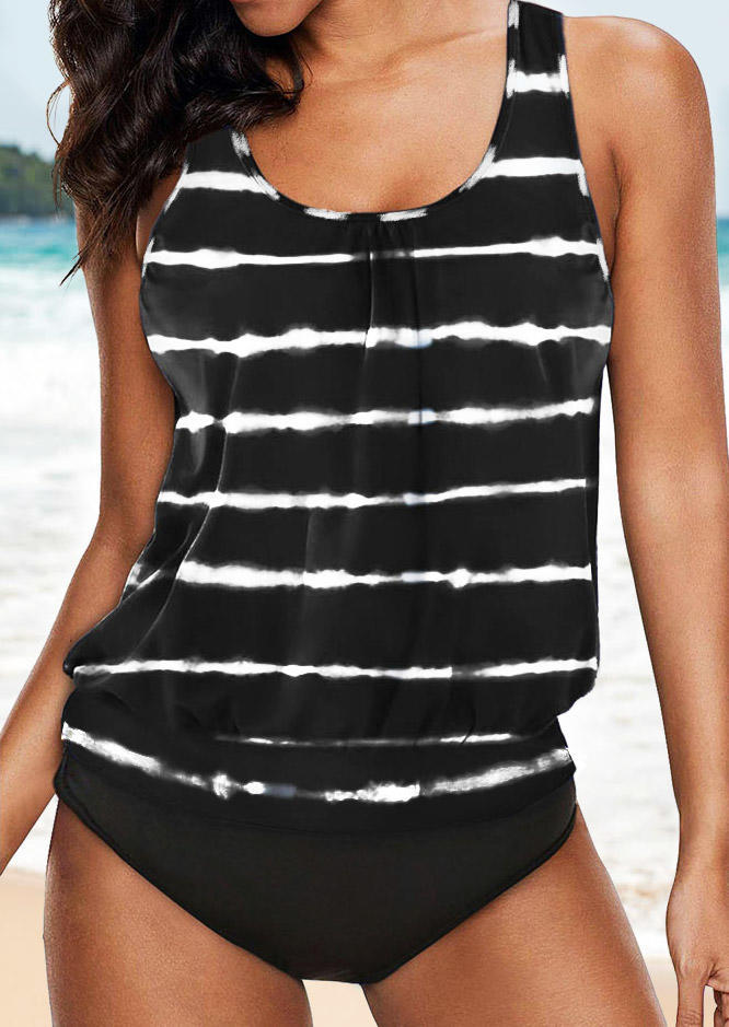 Striped Racerback Tankini Set - Black