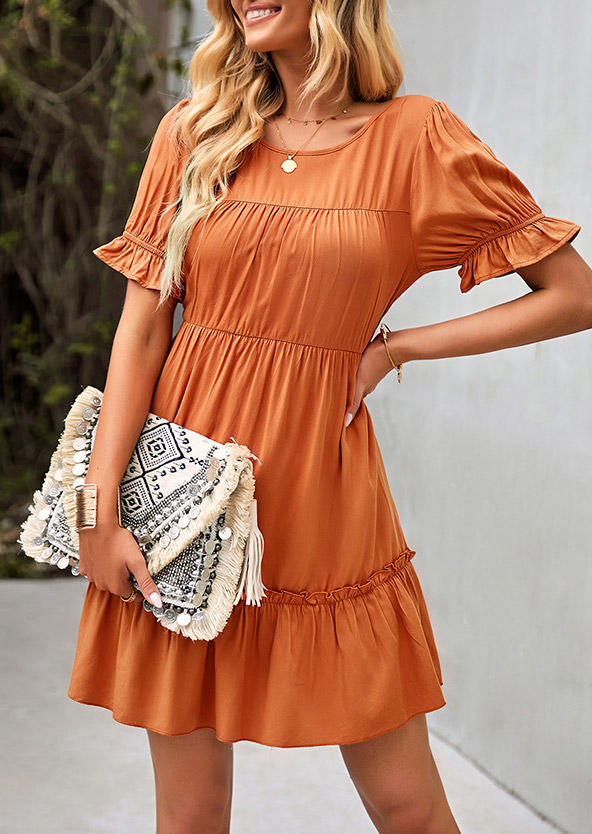 

Mini Dresses Ruffled Poet Sleeve O-Neck Mini Dress in Orange. Size