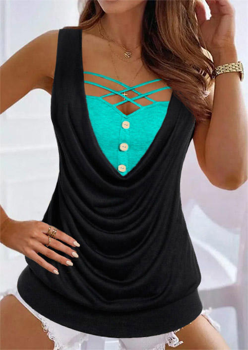 

Tank Tops Criss-Cross Hollow Out Button Fake Two-Piece Tank Top in Black. Size