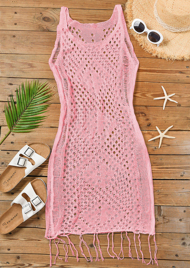 

Cover Ups Tassel Hollow Out Crochet Cover Up Dress in Pink. Size: M