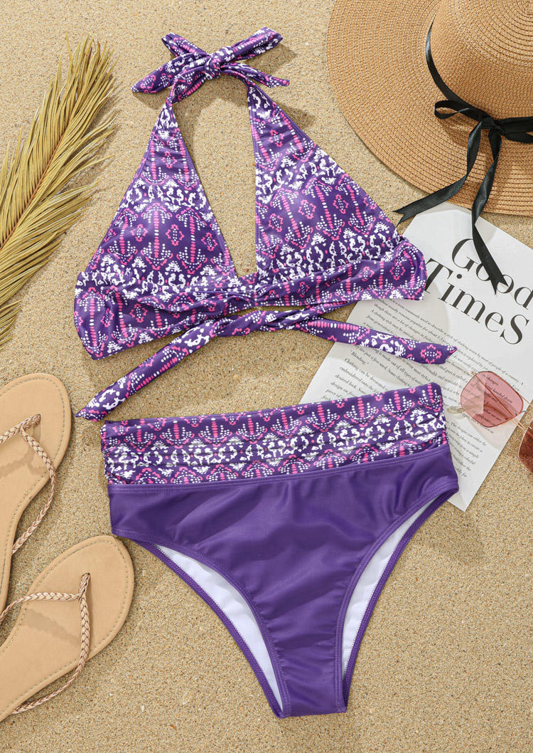 

Bikini Sets Aztec Geometric Halter Tie Bikini Set in Purple. Size: ,XL