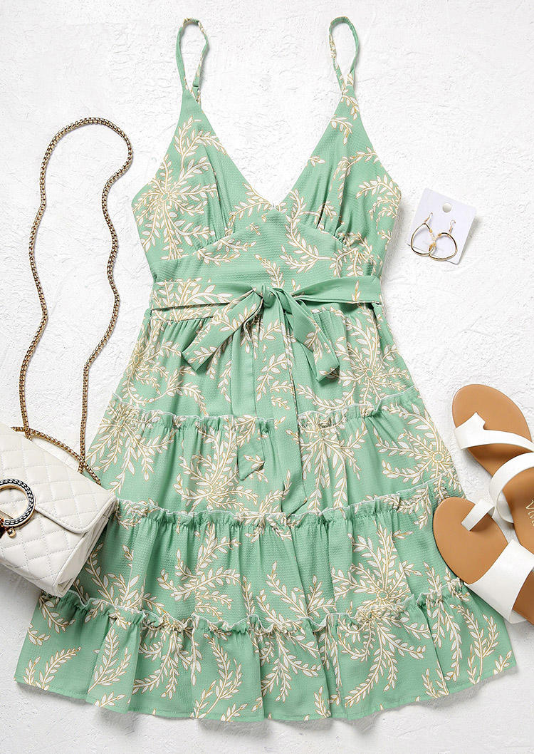 

Mini Dresses Ruffled Spaghetti Strap Tie V-Neck Mini Dress in Green. Size