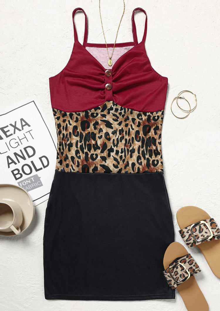

Mini Dresses Color Block Leopard Button Ruched Mini Dress in Multicolor. Size